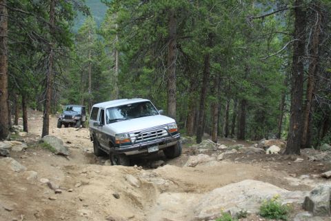 1996 Ford Bronco - Two SUVs navigate a challenging off-road path through a dense forest.