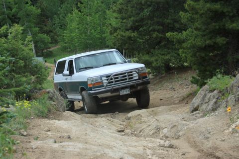 1996 Ford Bronco - This 1996 Ford Bronco navigates a challenging off-road trail with rocky obstacles and dense forest surroundings.