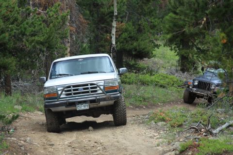 1996 Ford Bronco - Two SUVs, a 1996 Ford Bronco and a Jeep Wrangler, navigate a dirt path through a wooded area.