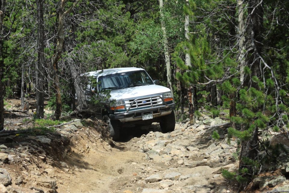 1996 Ford Bronco navigating a rough, rocky forest trail
