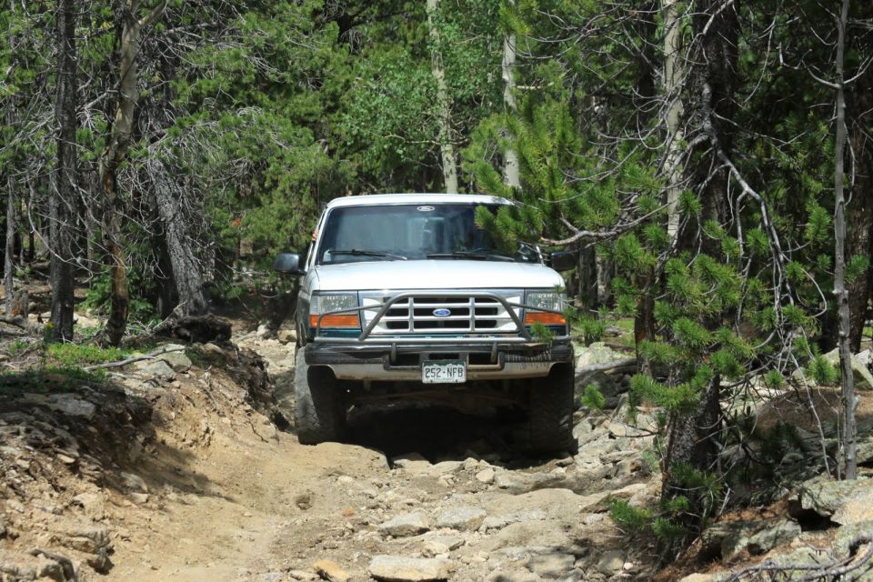 White Ford Bronco driving on a rocky, wooded trail. License plate reads 252 NFB