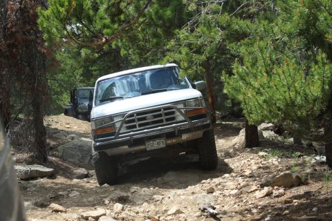 1996 Ford Bronco - A white 1996 Ford Bronco navigates a challenging, rocky off-road trail with trees surrounding the path.