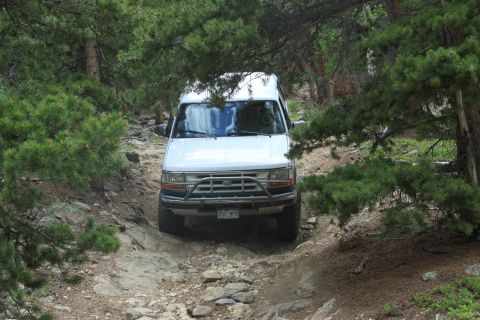 1996 Ford Bronco - A white SUV navigates a challenging off-road path surrounded by dense pine trees and rocky terrain.