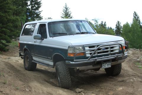 1996 Ford Bronco - This 1996 Ford Bronco is shown off-road, equipped with a protective brush guard on its front end.