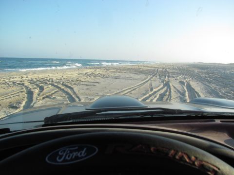 1995 Ford Bronco - Interior view of a 1992 Ford Bronco driving on a sandy beach with tire tracks in the sand and the ocean in the background.