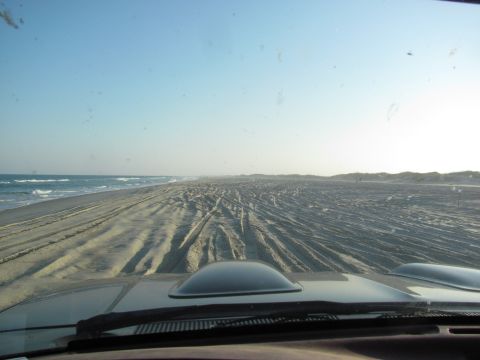 1995 Ford Bronco - Driving on a sandy beach with the ocean to the left and dunes to the right.