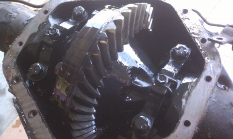 1978 Ford Bronco - The internal workings of a vehicle's differential are visible, coated in lubricant.