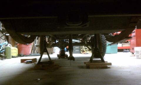 1978 Ford Bronco - The underside of a vehicle is visible, supported by jack stands in a workshop setting that appears to be a garage or workshop.