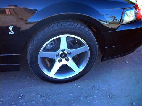 2000 Ford Crown Victoria - Close-up of a black Ford Mustang Cobra's front wheel and fender, showing the SVT branding and a Cobra emblem.
