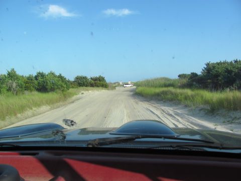 1995 Ford Bronco - A white SUV travels down a sandy path surrounded by dunes and vegetation, as seen from the interior of another vehicle.
