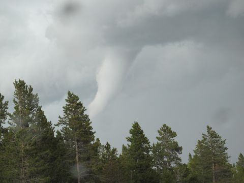 1994 Ford Bronco - A tornado touches down over a forest under a stormy sky.