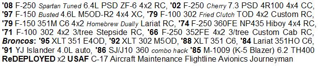 Typed signature block listing Ford trucks, Broncos and an M-1009 Blazer with drivetrains