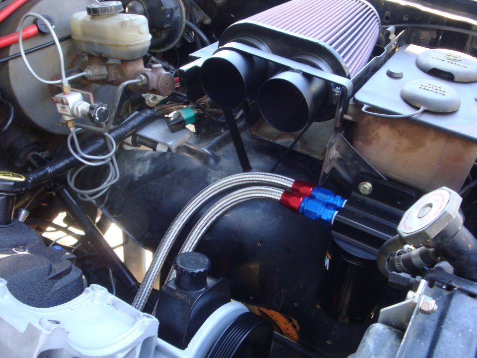 Engine bay with aftermarket air intake and oil cooler lines