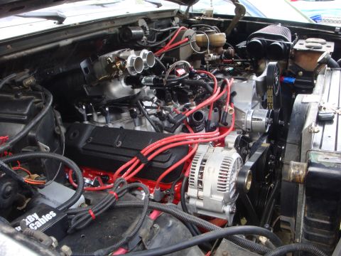 1989 Ford Bronco - Customized V8 engine bay dual carburetors and prominent red spark plug wires. Some aftermarket modifications are visible.