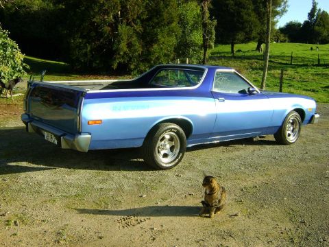 1973 Ford Ranchero - A blue pickup truck with a two-tone paint job sits in a grassy area with a cat and dog nearby.