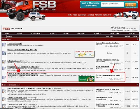 1996 Ford Bronco - Screenshot of the FSB Forums website, displaying various discussion categories and announcements for Bronco enthusiasts.