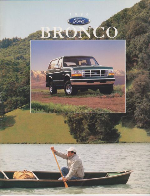 1996 Ford Bronco - Cover of a 1996 Ford Bronco brochure showing a dark green two-door SUV with chrome wheels parked on a dirt bluff, with mountains, forested…