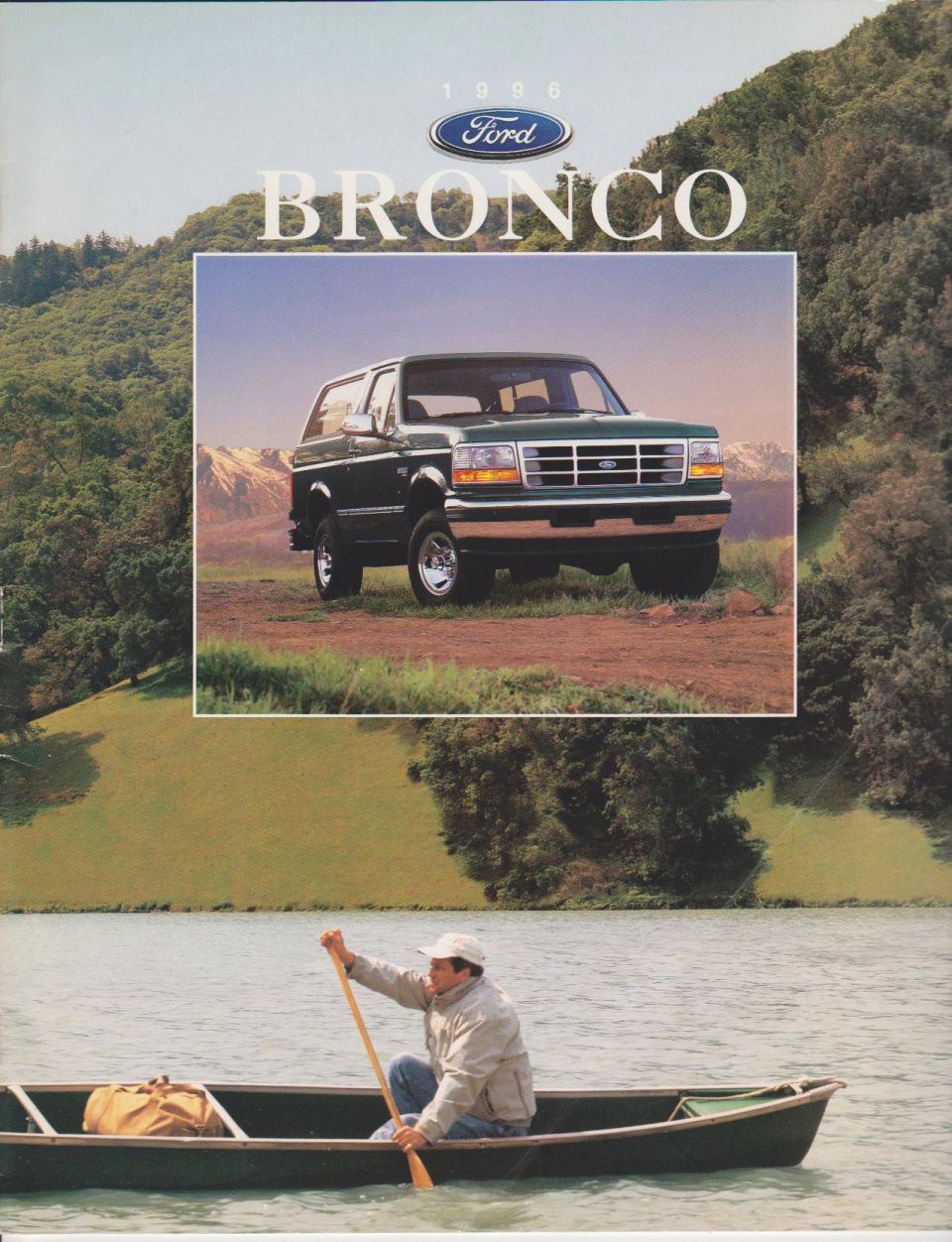 1996 Ford Bronco brochure cover with a dark green Bronco on a bluff above a man paddling a canoe