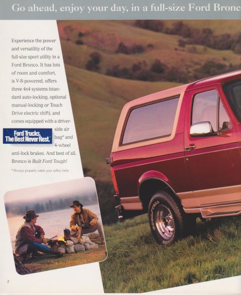 1996 Ford Bronco - A scanned Ford Bronco brochure page showing a red full-size two-door SUV parked in profile on a grassy hillside, with an inset photo of two…