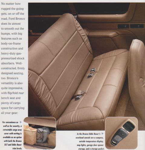 1996 Ford Bronco - A scanned brochure page for a Ford Bronco showing the tan leather rear bench seat interior with seat belt buckles, plus two inset photos: a…