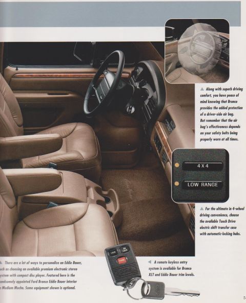 1996 Ford Bronco - Brochure page showing a tan/mocha leather Ford Bronco interior with black steering wheel, center console and floor shifter, alongside inset…