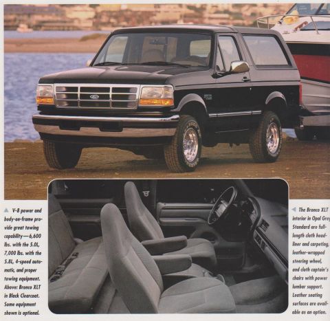 1996 Ford Bronco - A brochure page showing a black Ford Bronco XLT SUV parked near water with a boat, viewed from the front three-quarter angle, plus an inset…