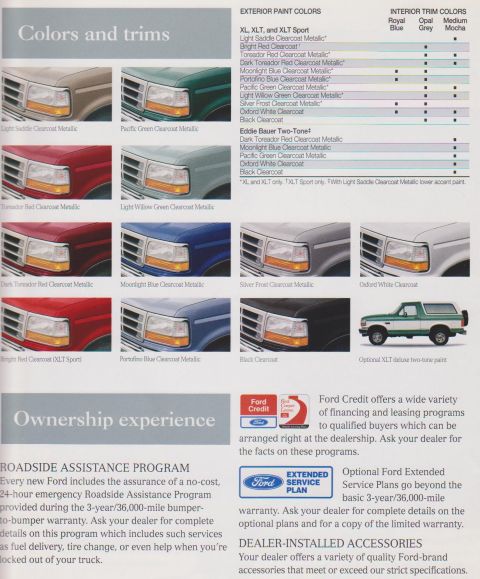 1996 Ford Bronco - A Ford brochure page titled 'Colors and trims' showing swatch photos of front-fender/headlight sections in various exterior paint colors (L…