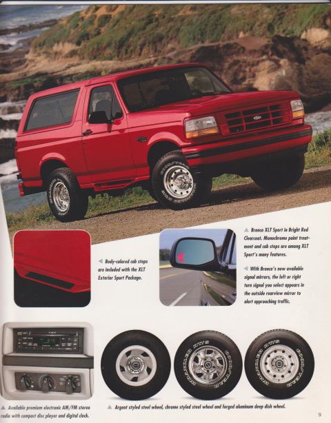 1996 Ford Bronco - Scanned brochure page showing a bright red Ford Bronco XLT Sport full-size SUV parked on a coastal gravel road, with inset photos of body-c…