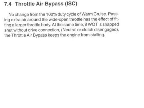 1996 Ford Bronco - A scanned page of technical documentation titled '7.4 Throttle Air Bypass (ISC),' describing engine idle speed control behavior at wide-ope…