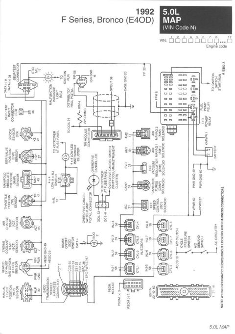 1996 Ford Bronco - Full electrical wiring diagram for 1992 Ford F-Series/Bronco 5.0L showing connectors, sensors and circuit routing.