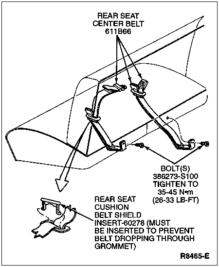 1996 Ford Bronco - Installation drawing of the rear seat center belt and cushion belt shield with bolt torque note 35-45 Nm.