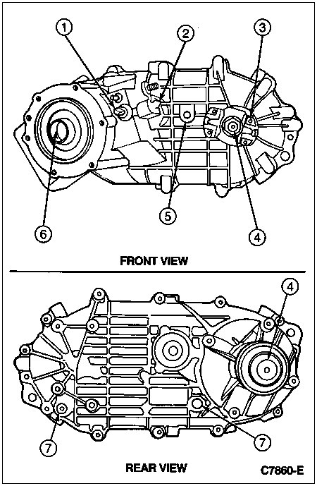 1996 Ford Bronco - Front and rear view component drawing of a transfer case with numbered callouts identifying parts.