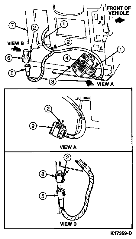 1996 Ford Bronco - Component-location install drawing showing a harness/sensor connector with numbered callouts and detail views A and B.
