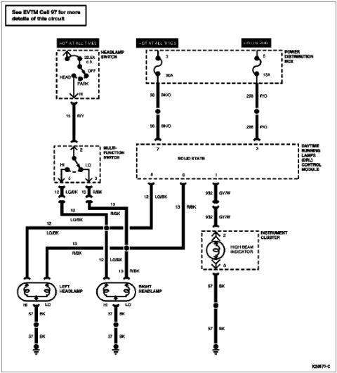 1996 Ford Bronco - Electrical wiring diagram of the headlamp and DRL circuit with headlamp switch, DRL module and color-coded wires.