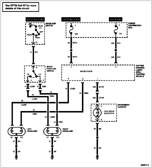 Headlamp and daytime running lamp circuit wiring diagram with switches and color codes