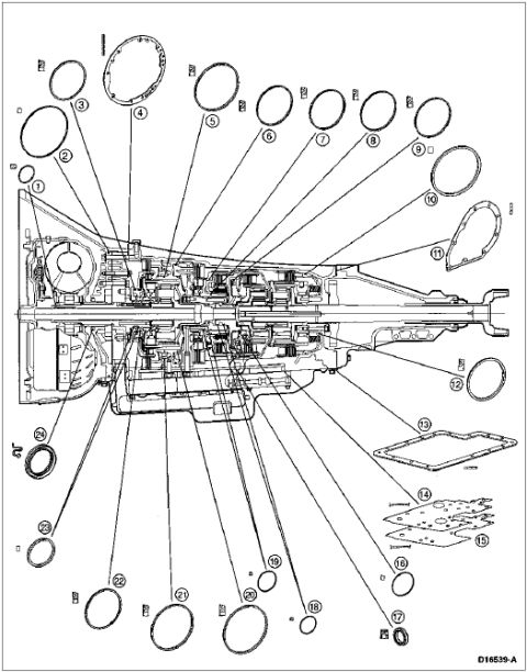 1996 Ford Bronco - Exploded view drawing of an automatic transmission with numerous numbered part and gasket callouts.