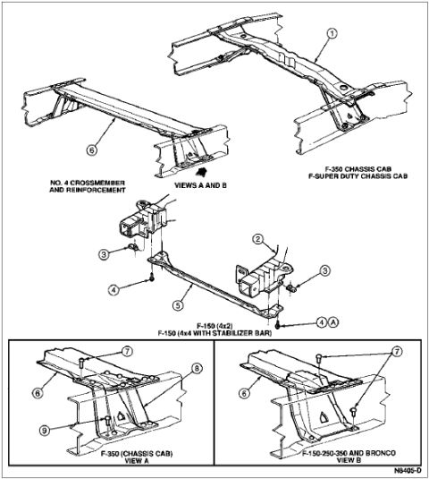 1996 Ford Bronco - Exploded assembly drawing of the No. 4 crossmember and frame reinforcement with numbered callouts and detail views.