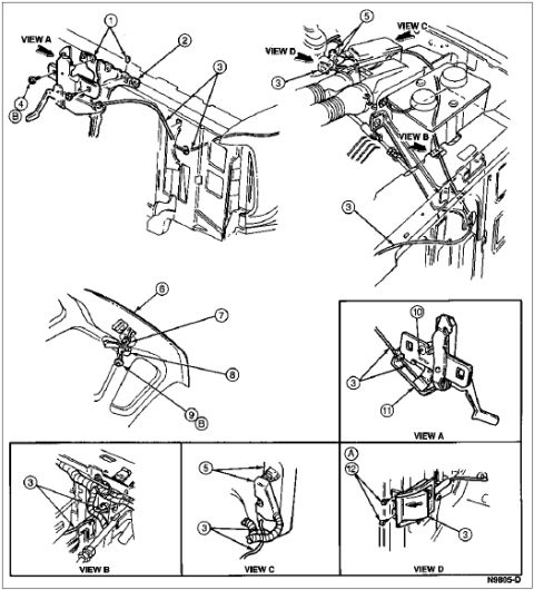 1996 Ford Bronco - Component install drawing of the hood latch and release linkage with numbered callouts and detail views A through D.