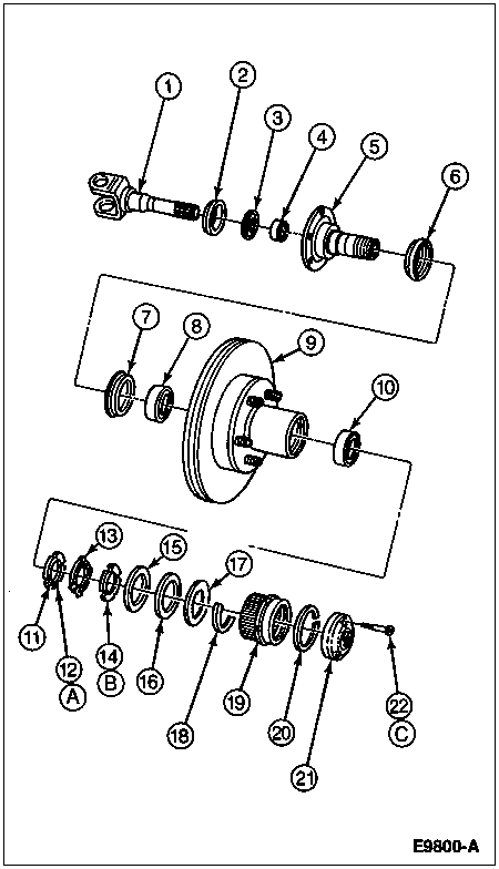 1996 Ford Bronco - Exploded parts breakdown of a front wheel hub, brake rotor, spindle, bearings and seals with numbered callouts.