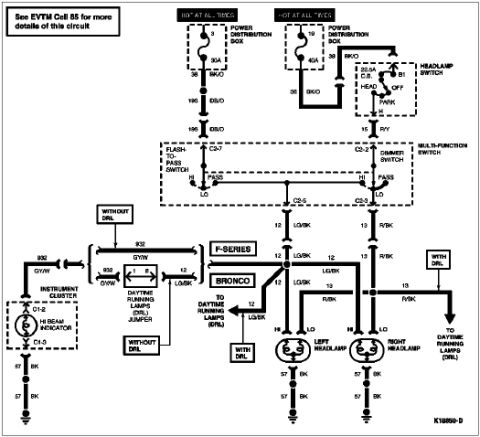 1996 Ford Bronco - Wiring diagram of the headlamp circuit showing the headlight switch, multi-function switch, DRL and color-coded wiring to left and right he…