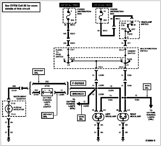 Wiring diagram for headlamp and daytime running lamp circuit with color-coded wires and switches