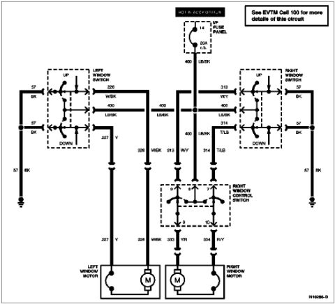 1996 Ford Bronco - Power window wiring diagram showing left and right window switches, master control switch and window motors with color-coded wires.