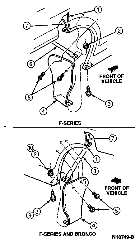 1996 Ford Bronco - Exploded parts diagram of a bracket and bracket-mounting assembly with numbered fasteners for F-Series and Bronco.