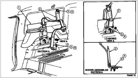 1996 Ford Bronco - Exploded parts diagram of a seat belt anchor and retractor assembly shown in section, low-series and assembled views.