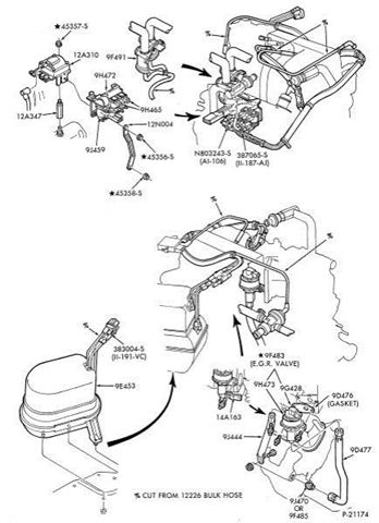 1996 Ford Bronco - Emissions vacuum routing diagram identifying the EGR valve, solenoids, canister and connecting hoses with part numbers.