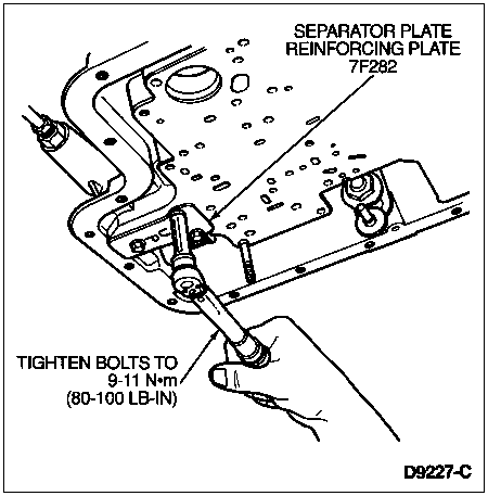 1996 Ford Bronco - Service procedure illustration showing separator/reinforcing plate installation with a 9-11 Nm (80-100 lb-in) bolt torque specification.