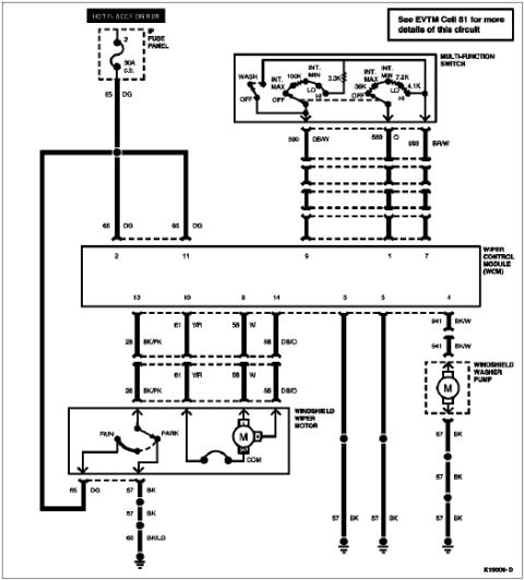 1996 Ford Bronco - Wiring diagram of the windshield wiper/washer circuit showing the wiper control module, multi-function switch, wiper motor and washer pump.