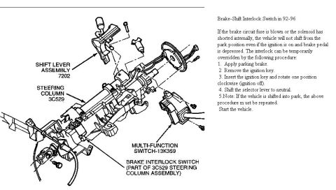 1996 Ford Bronco - Steering column diagram showing shift lever assembly 7202, multi-function switch 13K359, and brake-shift interlock switch (part of 3C529);…