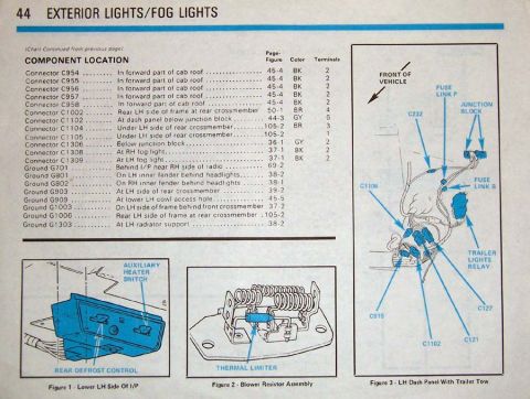 1996 Ford Bronco - Service manual page listing exterior and fog light connector and ground locations alongside component figures.