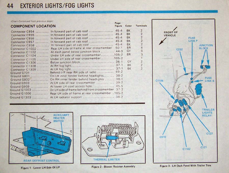 Service manual page listing exterior/fog light connector and ground locations with figures